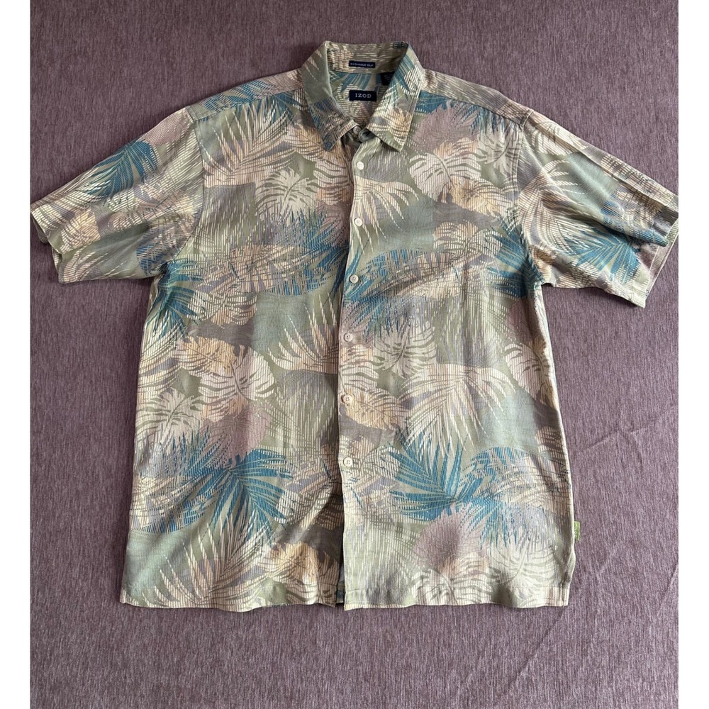 IZOD Mens XL Washable Silk Tropical Palm Leaf Print Short Sleeve Button Up Shirt